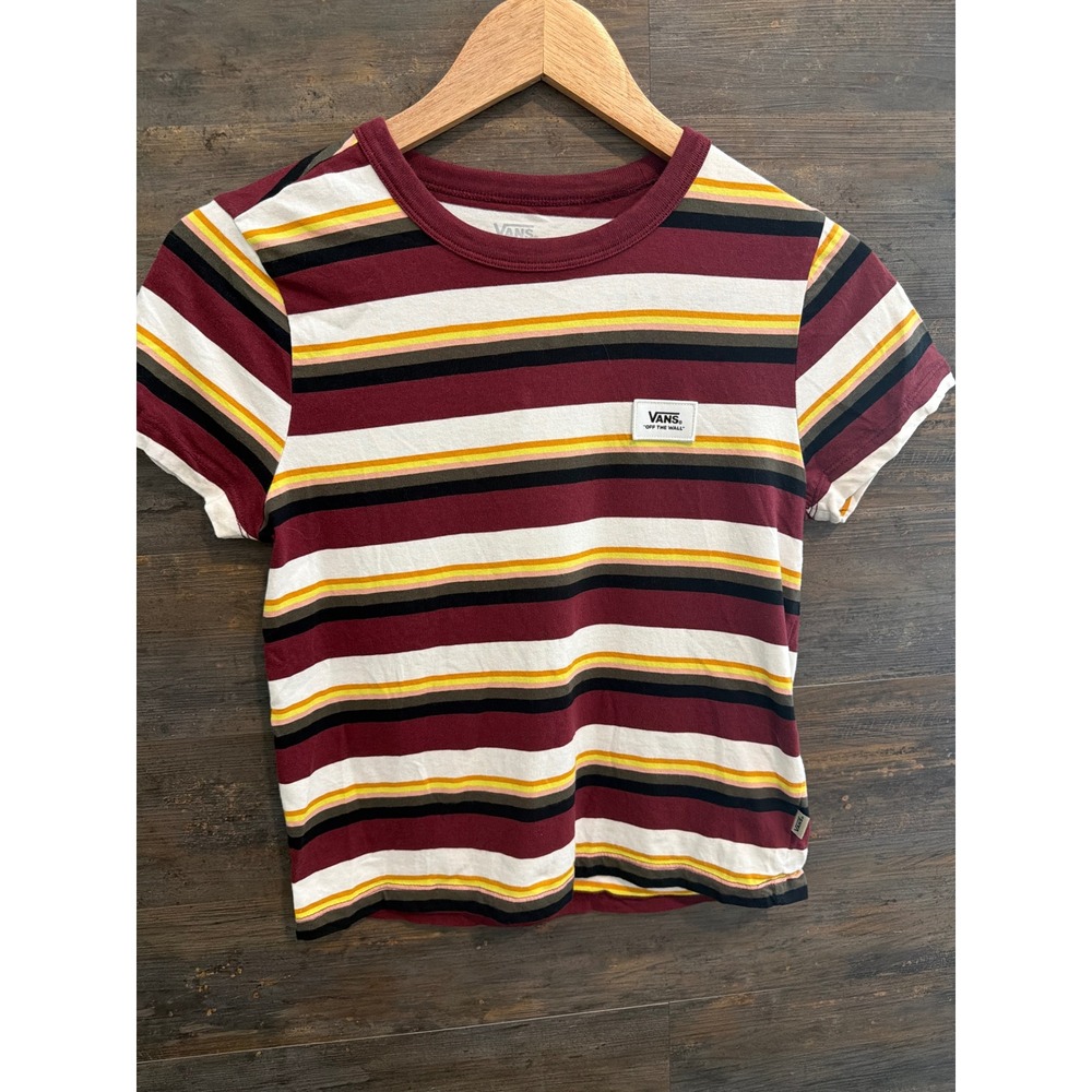Vans Off The Wall Striped Short Sleeve T-Shirt Burgundy Yellow White Small